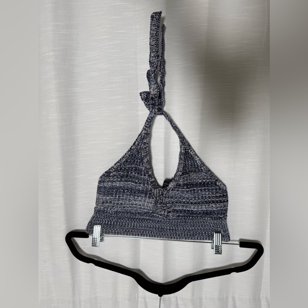Topshop Gray Knit Halter Bralette Crop Top Tie Neck Button Back | Size 2 - Picture 4 of 12